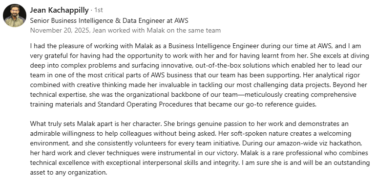 Recommendation letter from Jean Kachapilly at AWS, November 2025